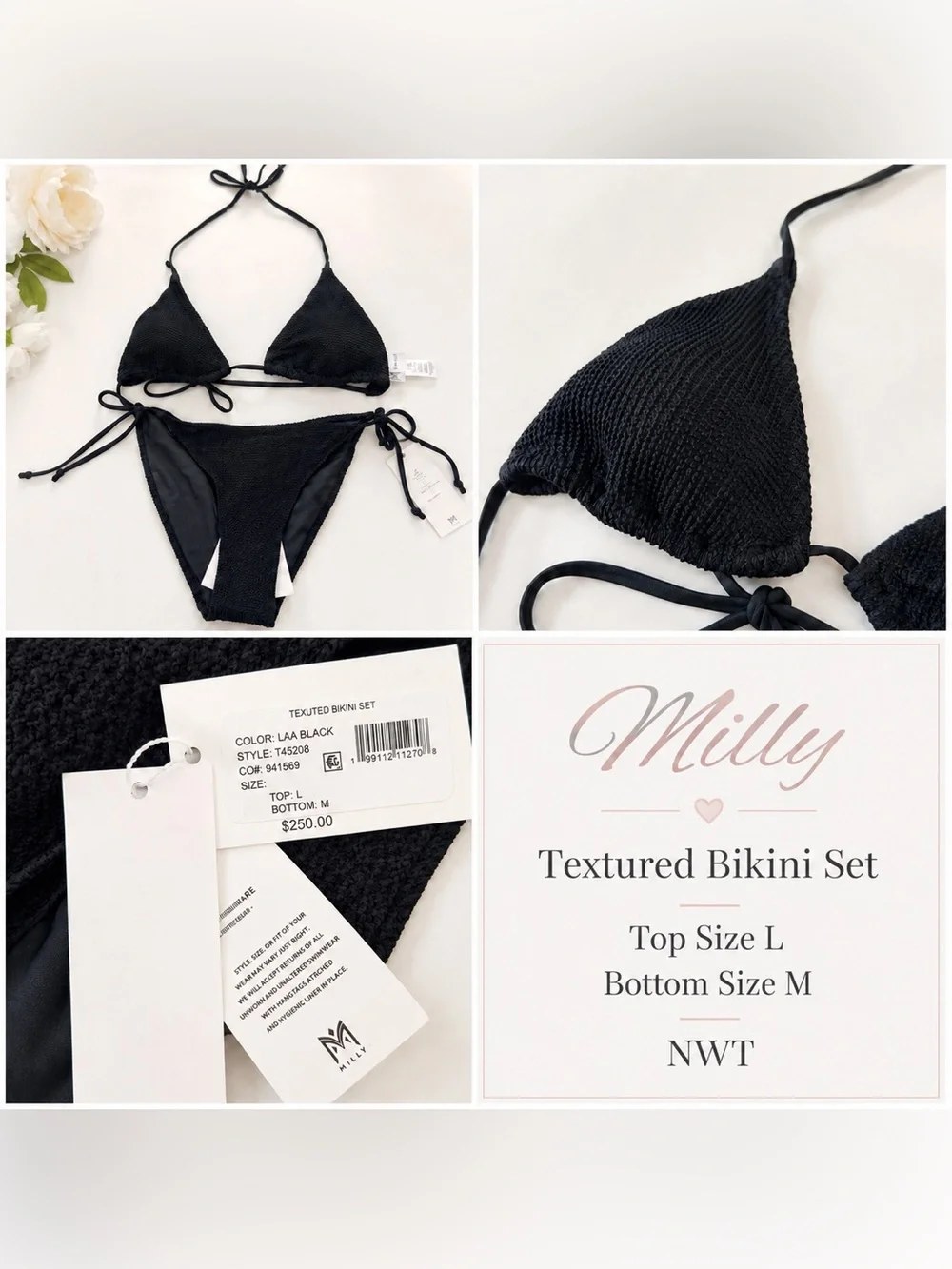 Milly Textured Black Bikini Set NWT Top L Bottom M